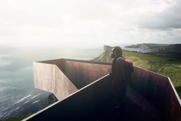Architectural visualisation of viewing platform overlooking the Dorset coastline. Pretty Perspective. 